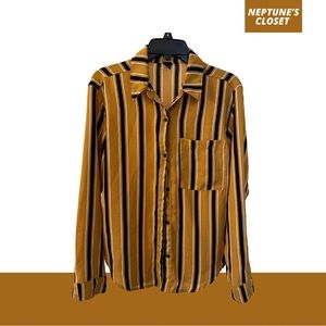 UNISEX Striped Yellow White and Black Button Down Shirt Lightweight Summer